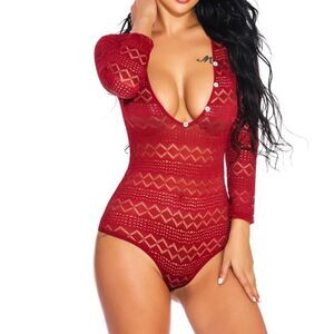 Sexy Lingerie Women Long Sleeve Bodysuit Mesh Deep V Neck One Piece Sleepwear US